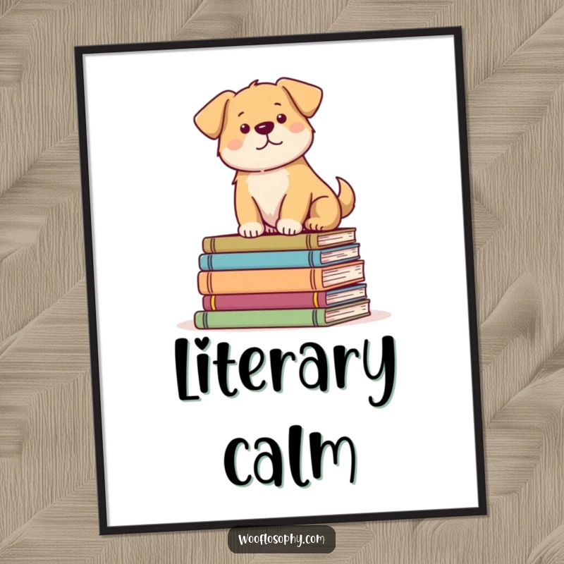 Funny Dog Digital Art Print of a serene dog sitting on a pile of books, ideal for bookish and humorous decor.