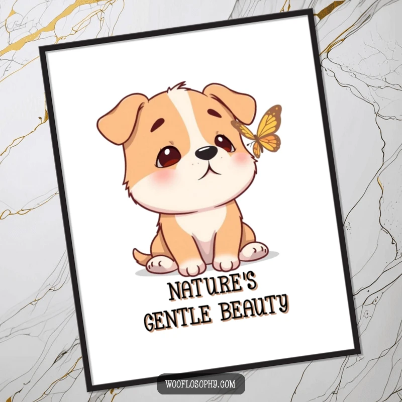 Funny digital art print of a dog with a calm expression watching a butterfly flutter by, ideal for peaceful decor.