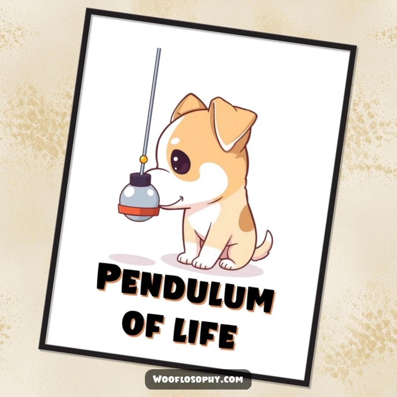 Funny pensive dog digital art print, a dog gazing thoughtfully at a swinging pendulum, ready to be framed.