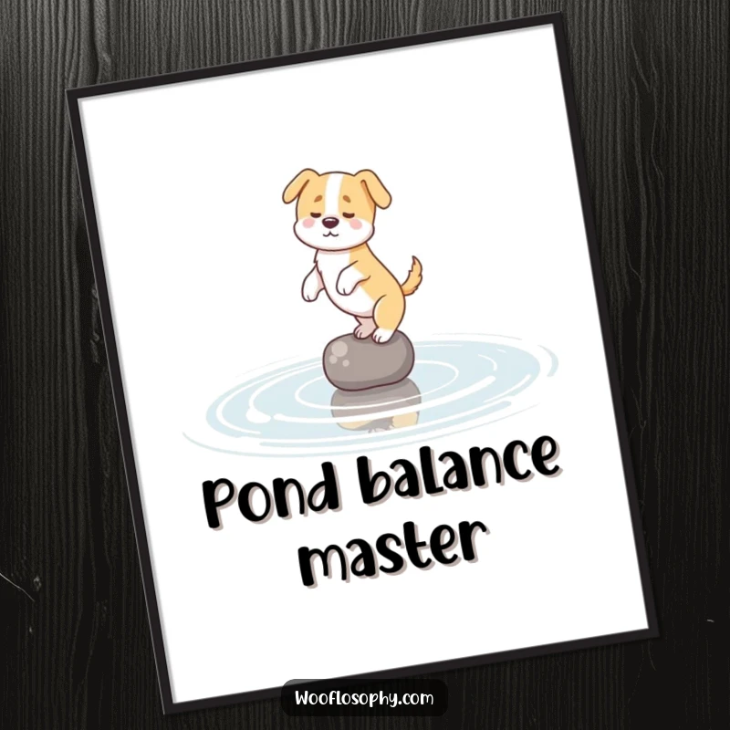Funny digital art print capturing a dog balancing on a subtle pond ripple, offering instant humorous wall decor.