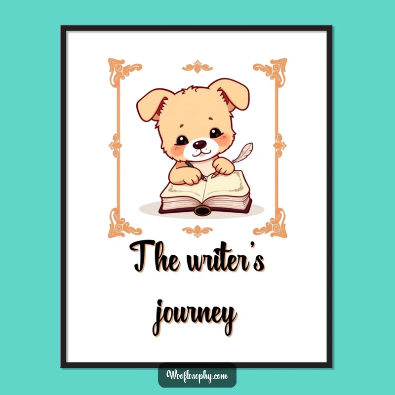 Funny Dog Digital Art: Canine Scribe's Ornate Journaling Masterpiece with Quill