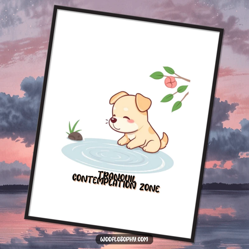 Funny dog digital art print of a contented dog sighing while watching ripples on a calm pond, evoking peace.