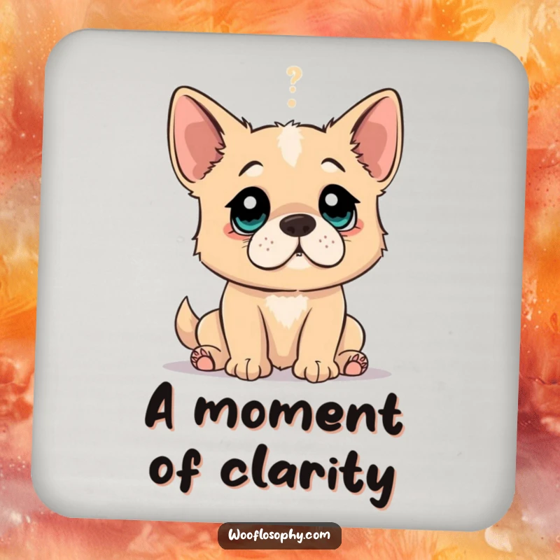 Funny drink coaster with a dog's wide eyes, humorously depicting the moment of discovering a profound truth.