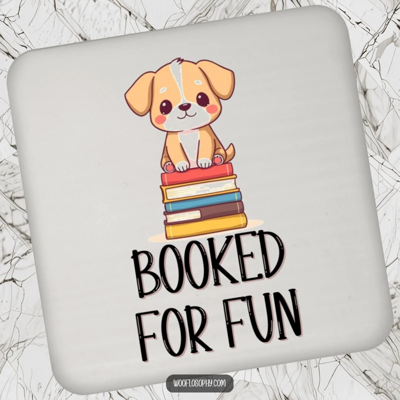 Funny Coaster: Dog balanced serenely on books, protecting surfaces with humor and peace.