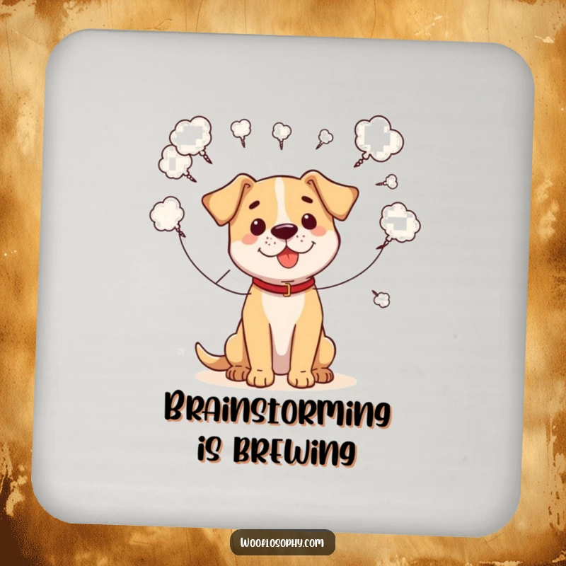 Funny drink coaster with a dog connecting scattered thought bubbles with strings, depicting a humorous thought process.