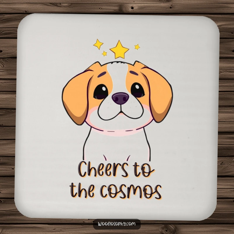 Funny drink coaster featuring a dog gazing at stars, adding cosmic humor and surface protection to any table.