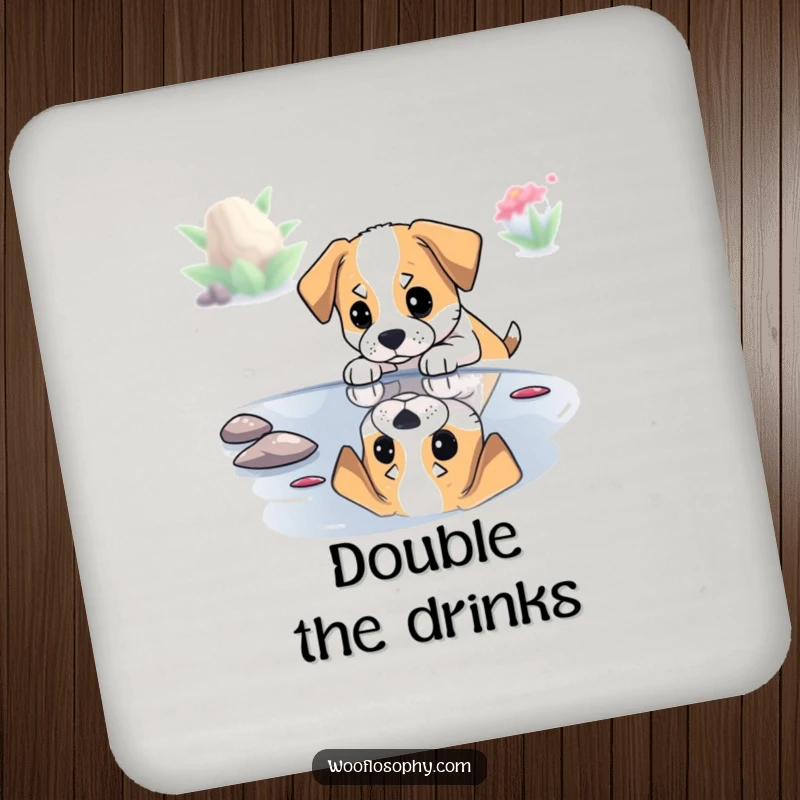 Funny dog contemplating its reflection in a pond, depicted on a humorous drink coaster for stylish surface protection.