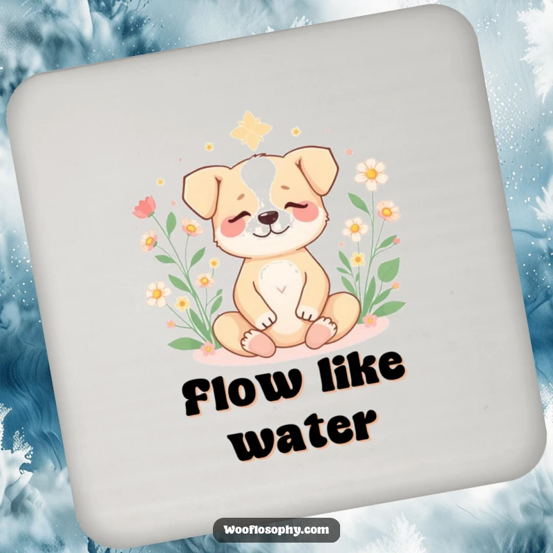 Funny dog meditating with flowers, depicted on a humorous drink coaster for protecting surfaces with calm style.