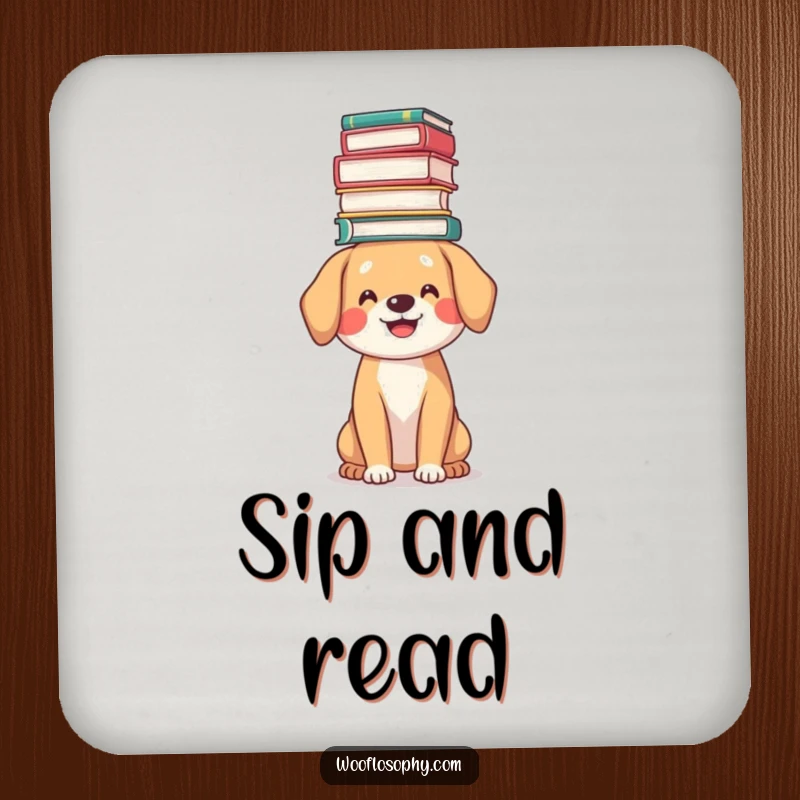 Funny book lover dog coaster, a dog smiling while balancing a stack of books on its head, protecting surfaces.