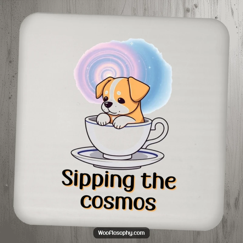 Funny cosmic dog coaster, a dog contemplating a swirling galaxy in a teacup, protecting surfaces.