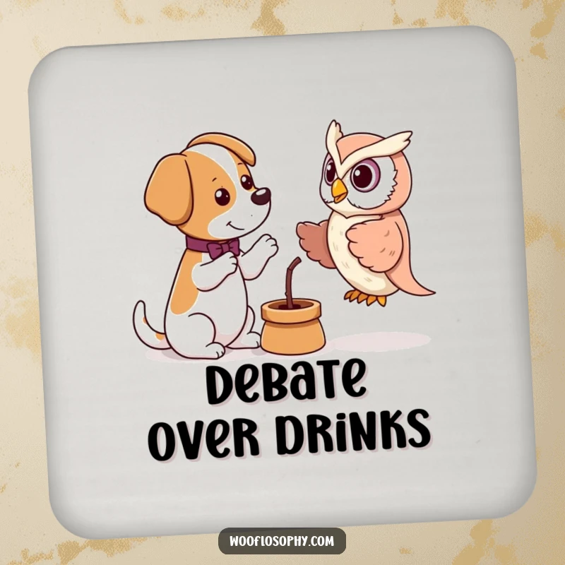 Funny drink coaster featuring a dog debating an owl puppet, adding intellectual humor and protection to tables.