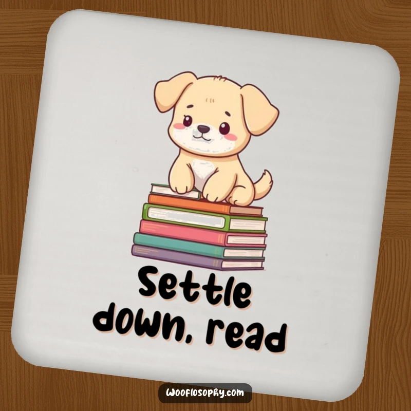 Funny coaster: a dog sitting peacefully on a pile of books, looking serene and wise.