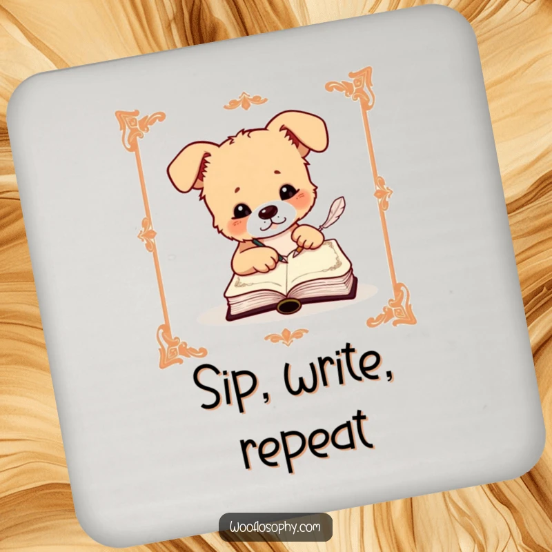 Funny drink coasters showing a dog writing with a quill in a small, ornate book, adding literary charm to tables.