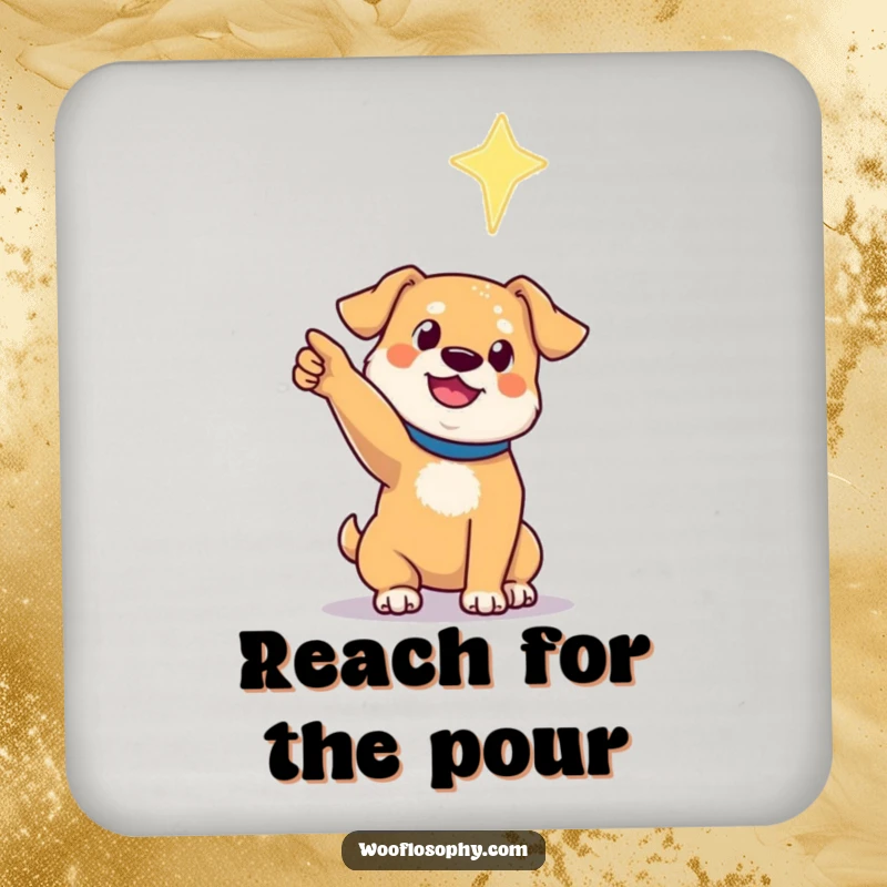 Funny drink coasters showing a dog pointing its paw towards a distant, shimmering star, adding whimsical charm.