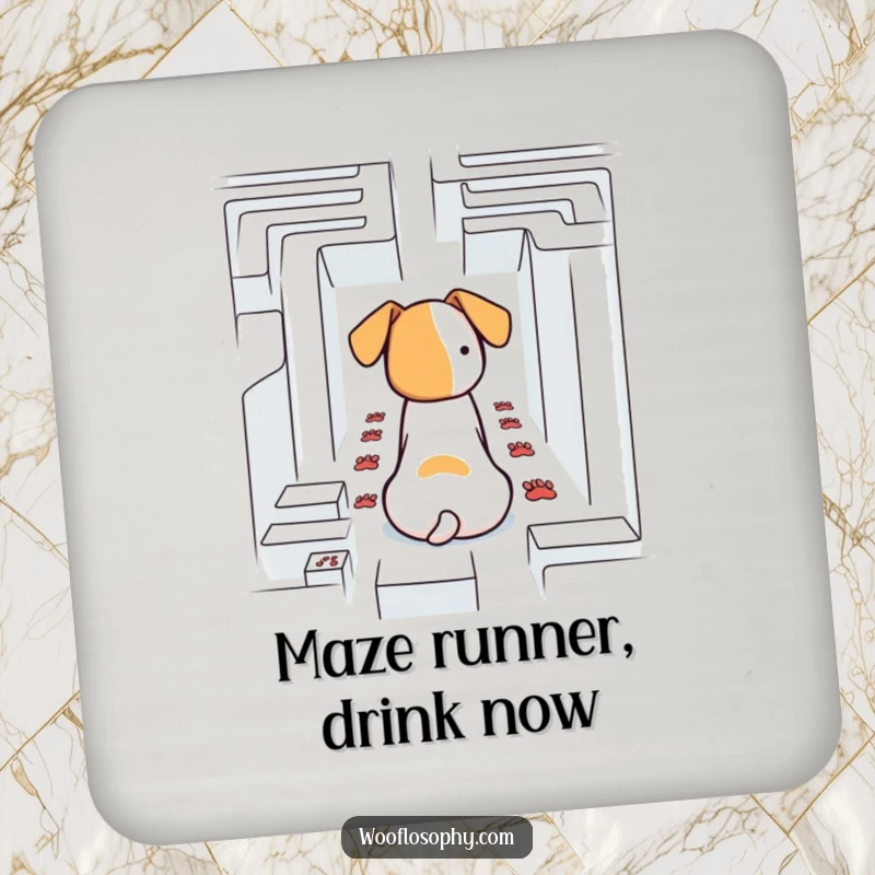 Funny dog contemplating a maze, paw prints on a decorative drink coaster.