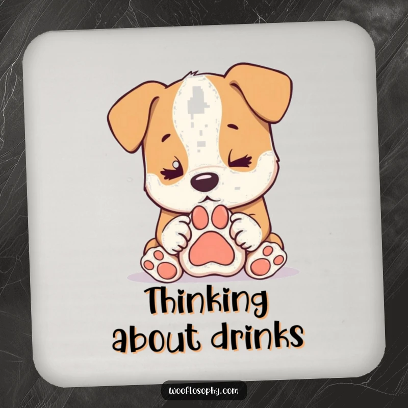 Funny dog coaster, a dog looks thoughtfully at a paw print, protecting surfaces with humor, a great small gift.