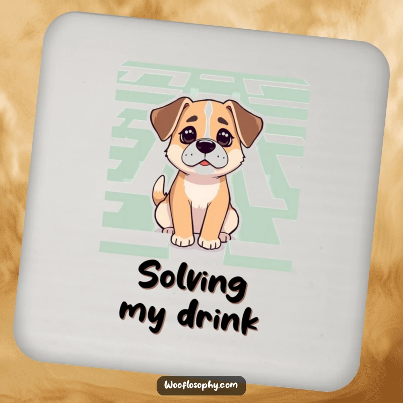 Funny Dog Coaster: A dog with a determined look contemplates the path through a maze, guarding your surfaces.