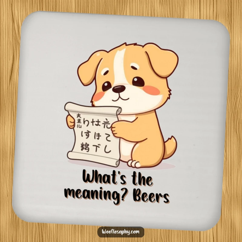 Funny dog coaster depicting a dog holding a scroll and scratching its head, looking deep in thought.