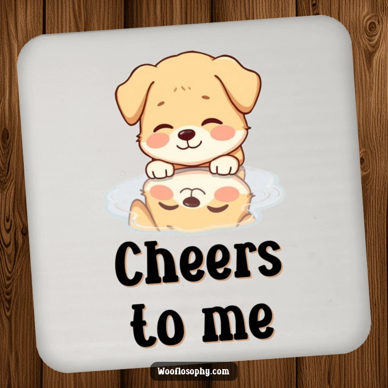 Funny Dog Coaster: A dog with a serene smile gazes into its puddle reflection, adding charm to your table.