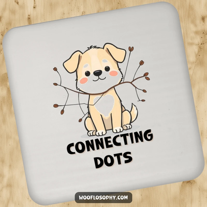 Funny dog coaster featuring a dog drawing a simple web with a twig, adding a creative touch to surfaces.