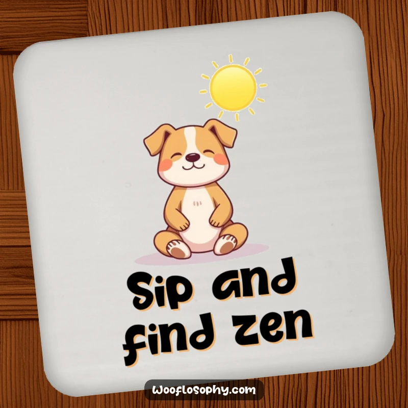 Funny coaster: a dog sits in a peaceful meditation pose under a shining sun, embodying calm.