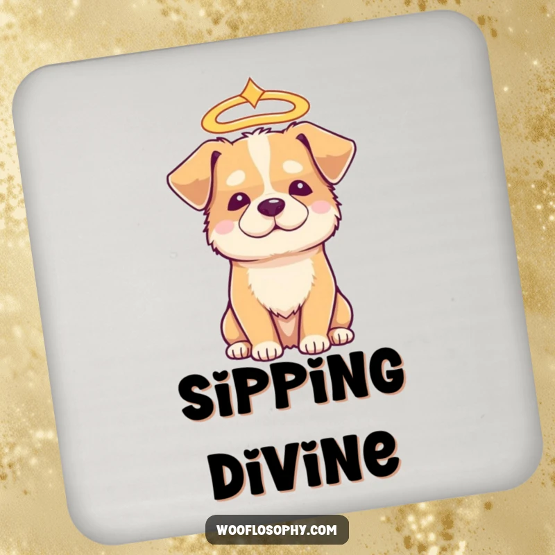 Funny halo dog coaster, a dog wearing a halo looking serene and wise, protecting surfaces.