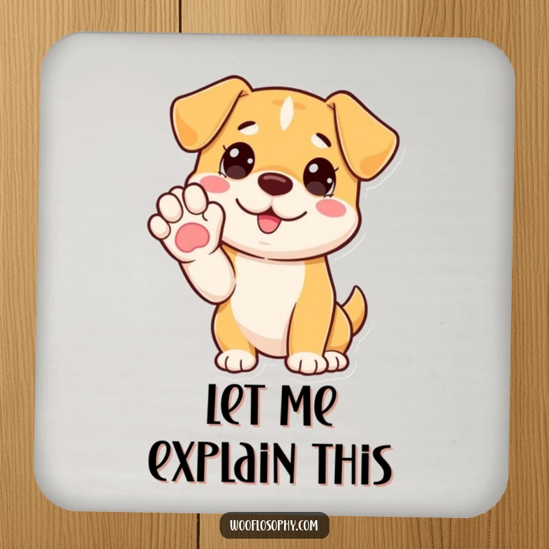 Funny drink coaster with a dog’s paw raised, humorously indicating it's about to explain something.