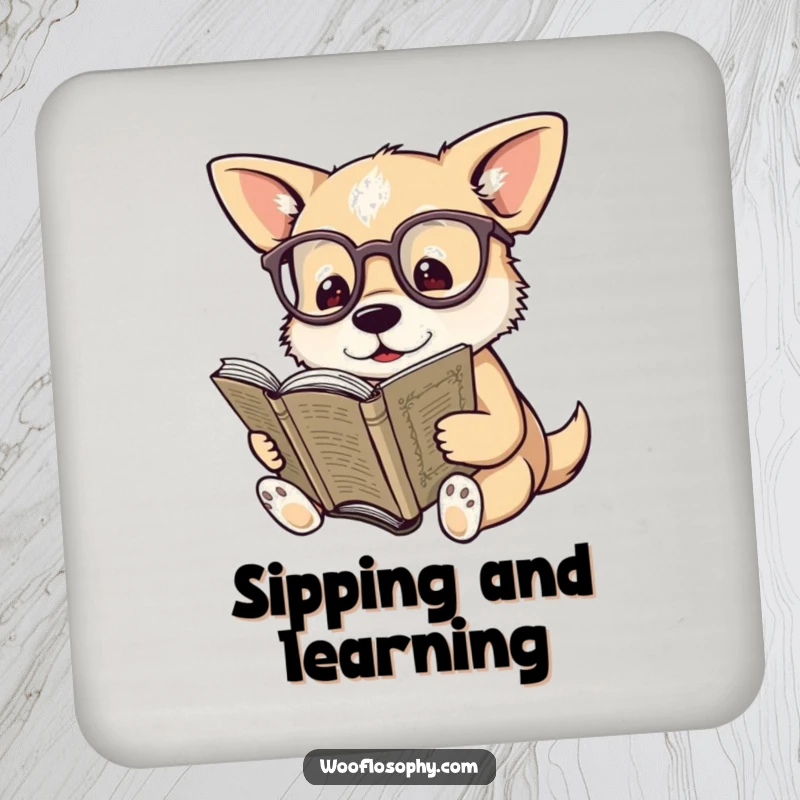 Funny drink coaster with a dog wearing spectacles, reading an old book, protecting surfaces with literary flair.
