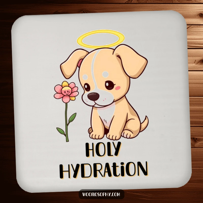 Funny Dog Coaster: A dog with a halo thoughtfully gazes at a blooming flower, protecting your surfaces with grace.