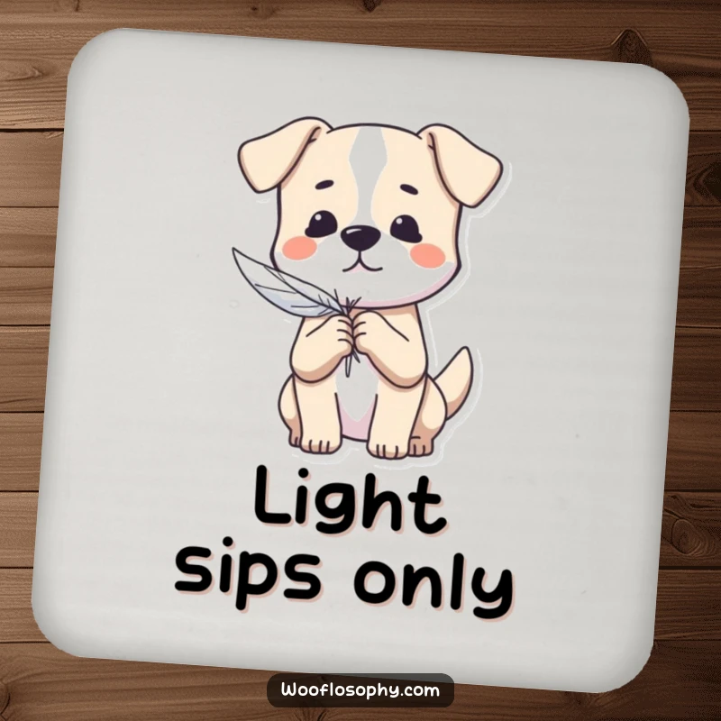 Funny Dog Coaster: A dog holds a feather, symbolizing lightness and gentle care for your surfaces.
