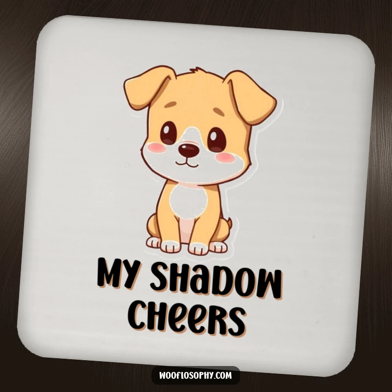 Funny drink coasters with a dog character observing its shadow, protecting surfaces with humor, a unique funny gift.