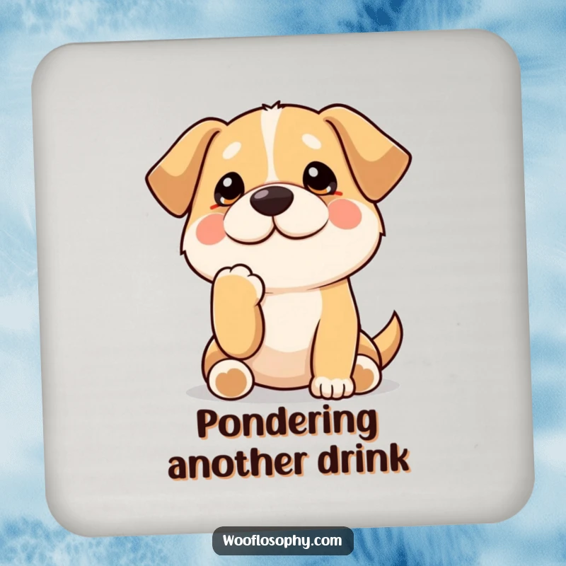 Funny Kawaii dog thoughtfully stroking its chin, a protective drink coaster with a humorous and contemplative canine illustration.