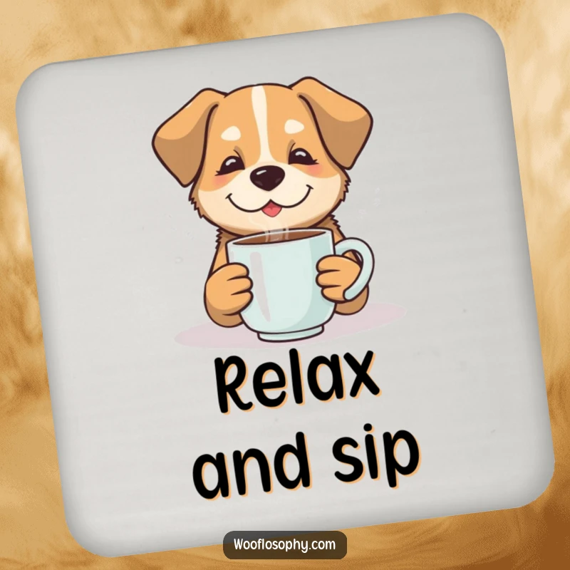 Funny dog with a steaming mug on a drink coaster, a small but funny gift for relaxation.