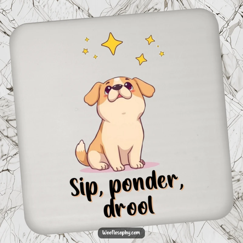 Funny dog coaster depicting a dog looking at the stars with a wondrous and curious expression.