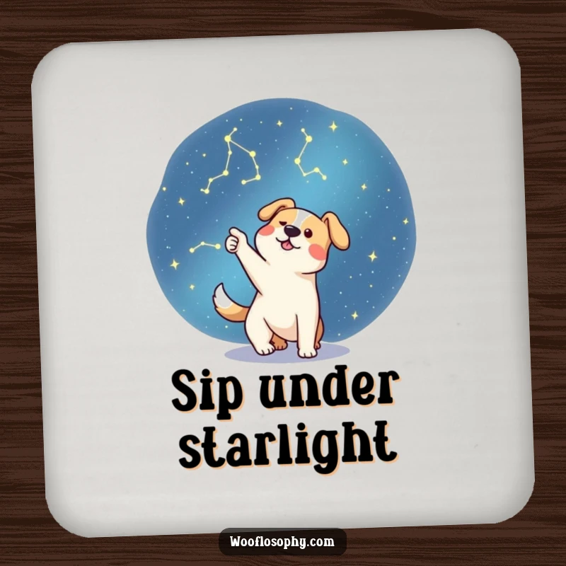Funny dog pointing at constellations in the night sky, a humorous coaster for drink protection.