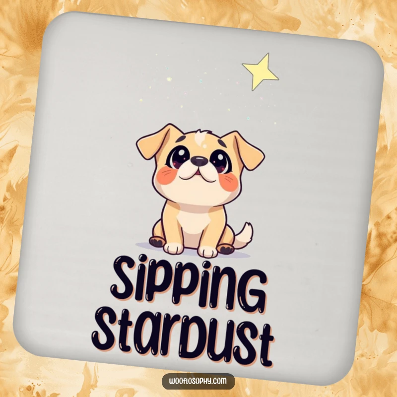 Funny coaster with a dog character gazing at a starry sky, adding celestial humor to tabletops.