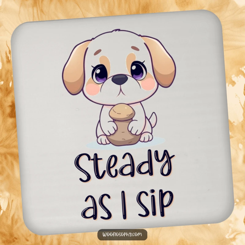 Funny dog coasters featuring a dog balancing a rock, adding a touch of humorous calm.