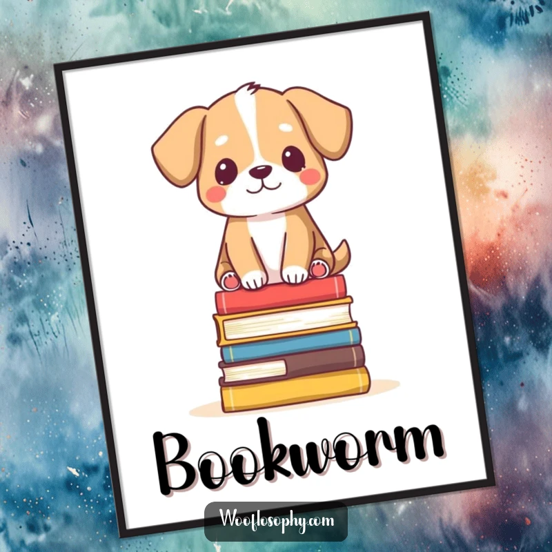 Funny Poster: Dog balanced on a small stack of books, looking serene, conveying peace and humor.