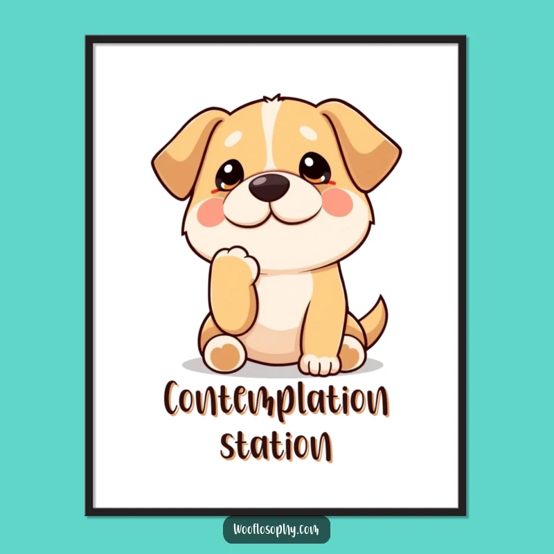 Funny Kawaii Dog Poster: Contemplative pup wall art, a charming and funny gift for thinkers.