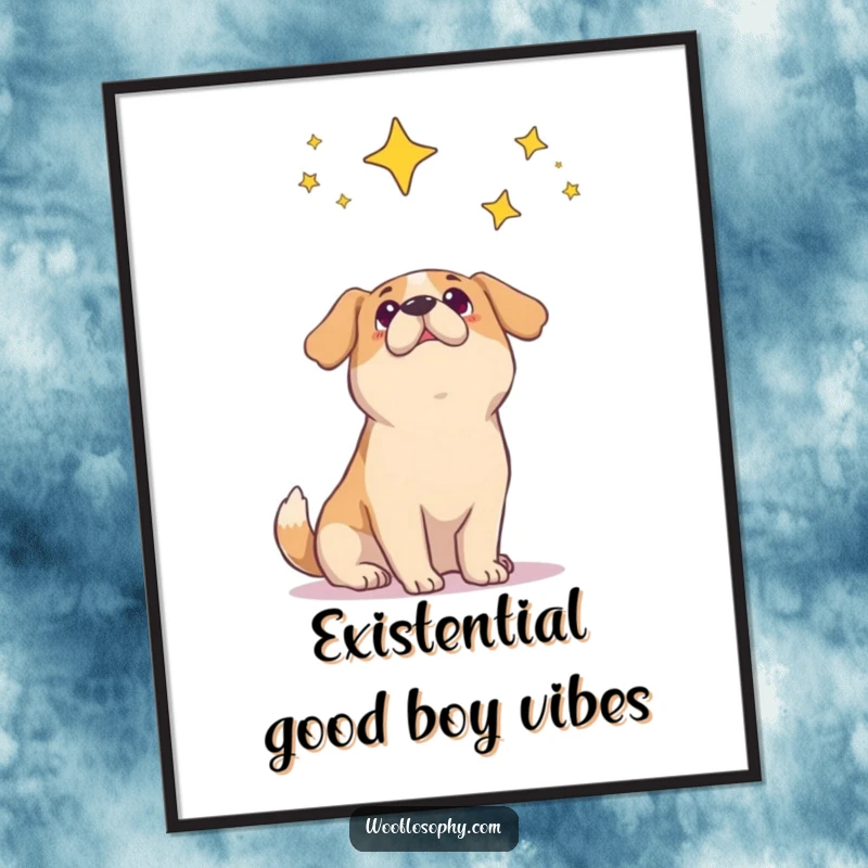 Funny dog poster capturing a dogA's amazed expression as it gazes up at a vast, star-filled night sky.