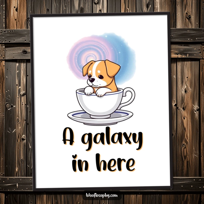 Funny cosmic dog poster, a dog contemplating a swirling galaxy within a teacup, perfect for wall decor.