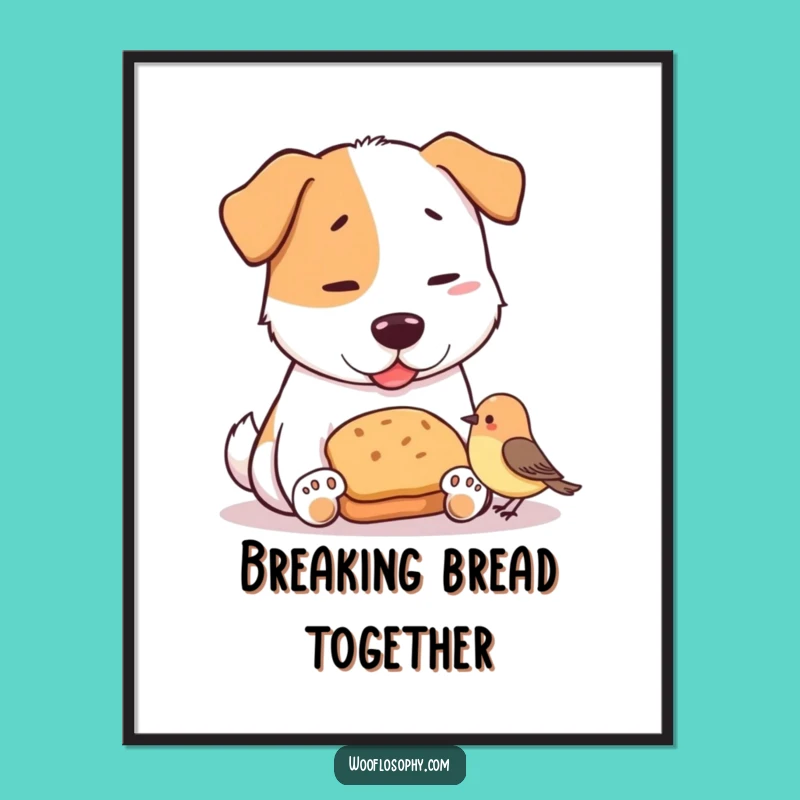 Funny Dog & Bird Bread Sharing Poster: Charming Wall Art for Laughs