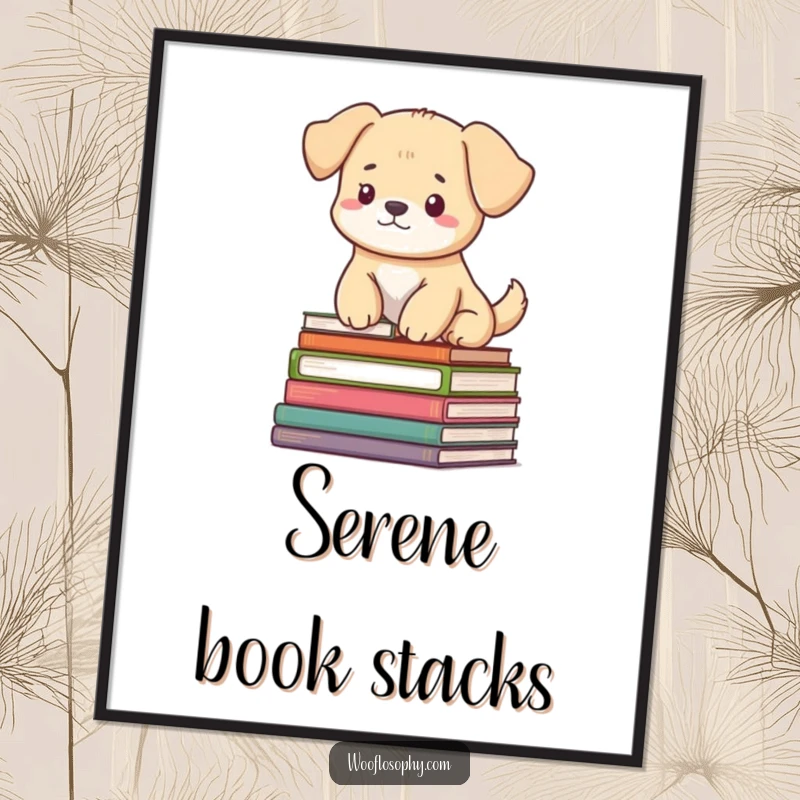 Funny poster: a dog sitting atop a large stack of books, looking completely serene and wise.