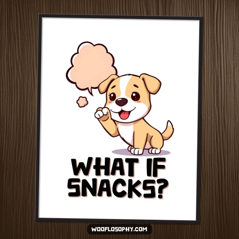 Funny dog poster of a dog reaching a paw towards an abstract thought bubble, serving as creative wall decor.