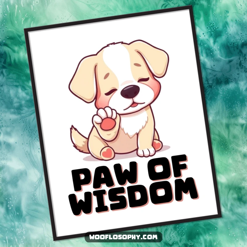 Funny poster art depicting a dog staring at its paw with a hilariously profound expression of self-discovery.