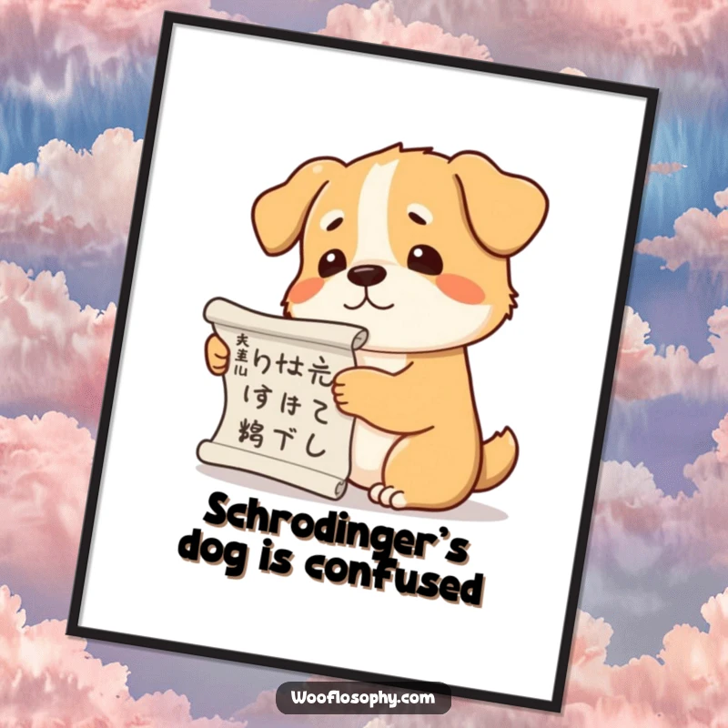 Funny dog poster artwork of a dog holding a scroll and scratching its head, embodying philosophical inquiry.