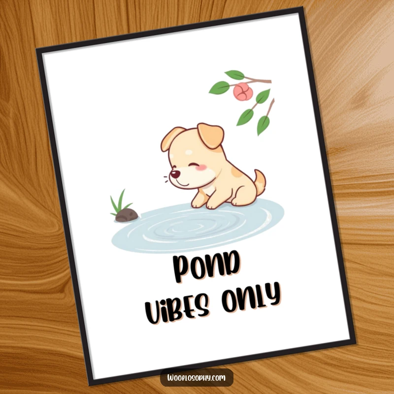 Funny dog poster of a dog sighing contentedly while watching ripples on a calm pond, evoking peace.
