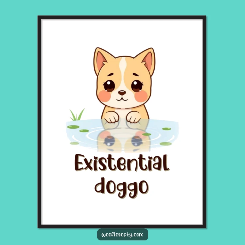 Funny Dog Reflective Pond Poster - Pensive Canine Art for Walls