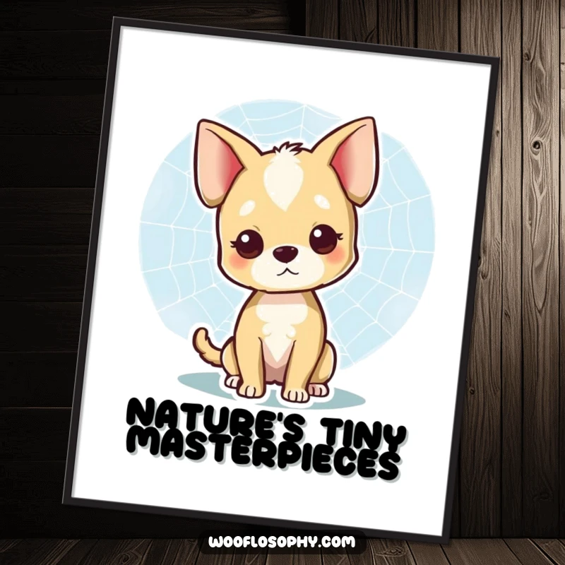 Funny poster art of a smiling dog observing a spiderweb's intricate design, a peaceful and humorous funny gift.