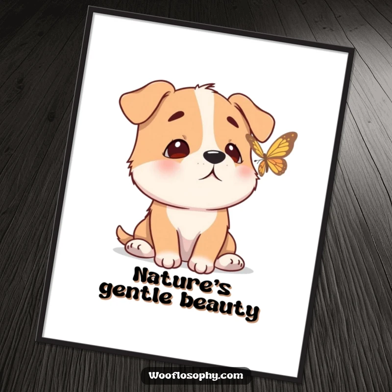 Funny poster of a dog with a calm demeanor, peacefully watching a butterfly flutter gracefully in the air.